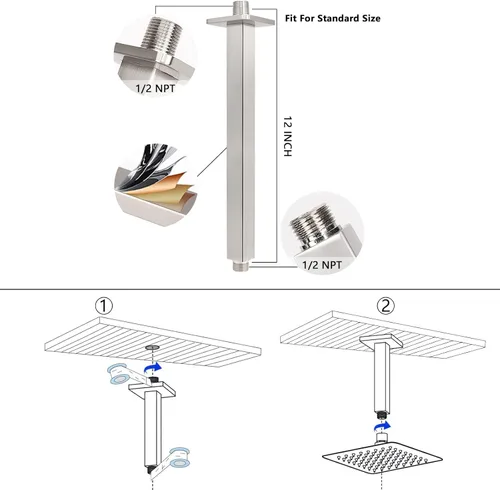 Vista 5 de NearMoon - Cabezal de ducha de lluvia con brazo de ducha, ducha cuadrada de montaje en techo, cabezal de ducha de lluvia de acero inoxidable