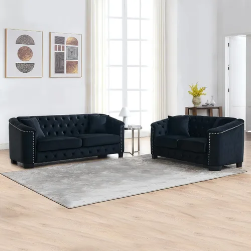 Vista 13 de mikibama Juego de sofá de terciopelo Chesterfield de lujo de 2 piezas para sala de estar, muebles de decoración moderna, sofá seccional, sofá de 3