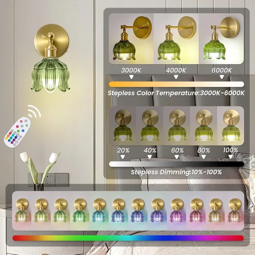 Vista 4 de Vintage Battery Operated Wall Sconces - 5000mAh Rechargeable Dimmable Wireless Lights with Remote Control - Set of 2 Green Flower Glass Powered