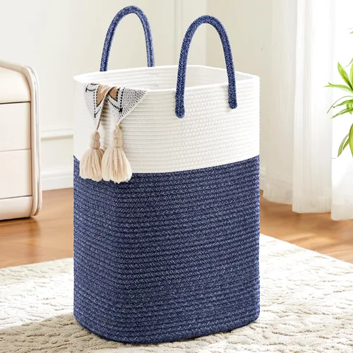 Vista 9 de Cesta de Ropa Sucia, Cesto de Ropa Sucia de Cuerda de Algodón Tejida, Almacenamiento Versátil para Ropa Sucia, Juguetes de Bebé y Mantas en Baño