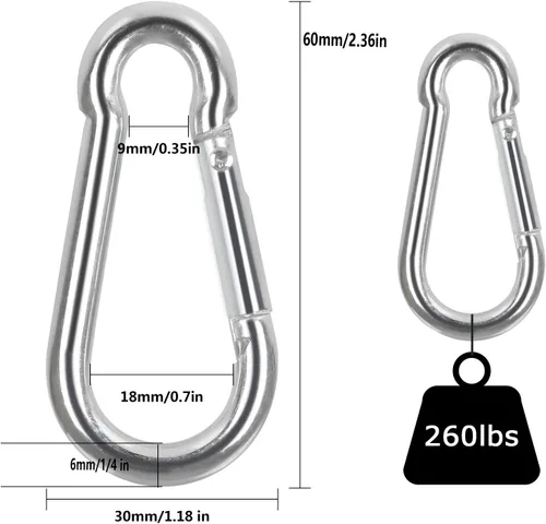 Vista 2 de Mosquetón de acero inoxidable, 60 ganchos de resorte de 1/4 pulgadas, M6 x 2 3/8 pulgadas, pequeños mosquetones resistentes para hamaca, saco