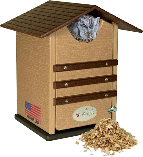 JCS Wildlife Caja anidable de búhos chillidos de polietileno marrón y tostado, ideal para búhos sierreros y cernícalos también, limpiar la puerta