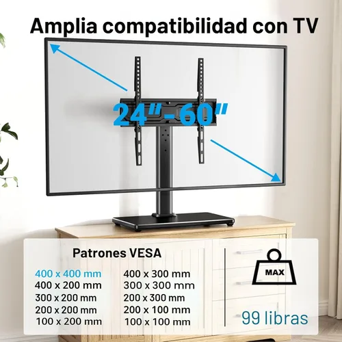 Vista 2 de Soporte universal para TV - Soporte de mesa para televisores LED LCD de 32 a 47 pulgadas con base de TV de vidrio templado con altura ajustable