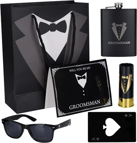 Vista 7 de Juego de 35 piezas de regalo para padrinos de boda: 6 frascos de esmoquin, 6 abridores de botellas, 6 gafas de sol, 6 gafas de sol, 5 tarjetas, 6