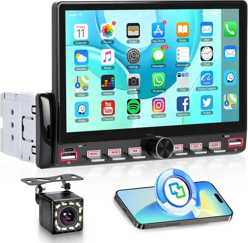 Vista 7 de Estéreo de Coche DIN Simple Abatible de 7 Pulgadas con CarPlay Inalámbrico y Android Auto - Pantalla Táctil IPS, Bluetooth 5.0, Cámara de Respaldo
