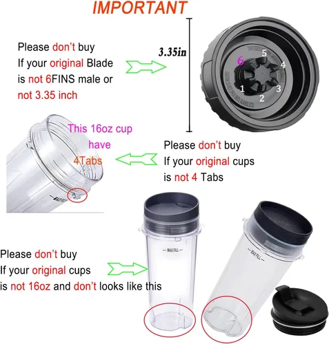 Vista 4 de Piezas de repuesto para Nutri Ninja, batidora de 6 aletas macho y tazas para licuadora BL660 BL770 BL780 BL740, etc. (paquete de 5)