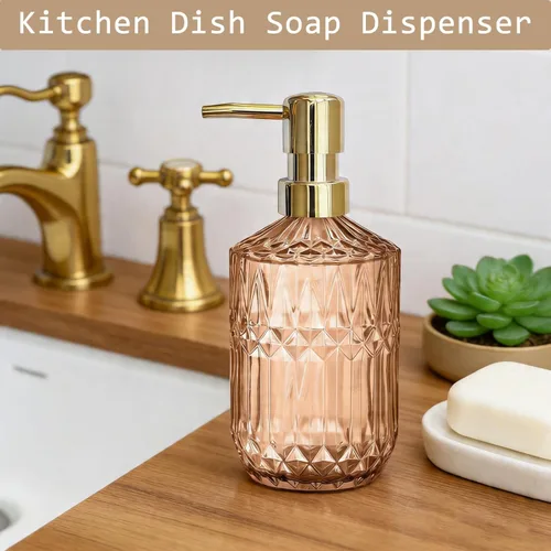 Vista 6 de 14Oz Gold Pump Glass Soap Dispenser, Amber Diamond Design Countertop Refillable Liquid Bottle Hand Dish Lotion Dispenser with Plastic Pump, for
