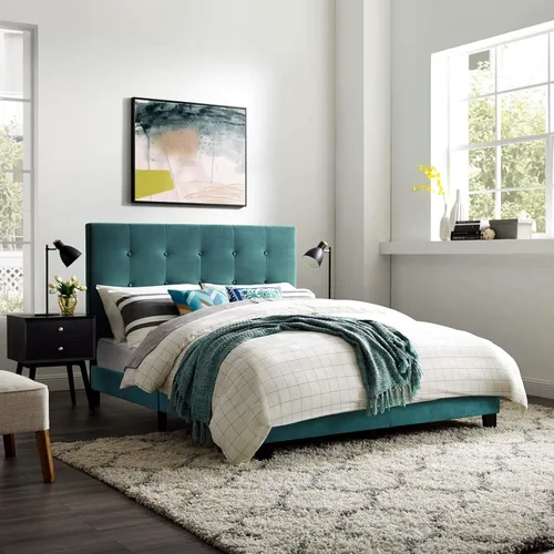 Vista 5 de Modway Melanie - Cama Queen con plataforma capitonada tapizada de terciopelo de alto rendimiento, color gris