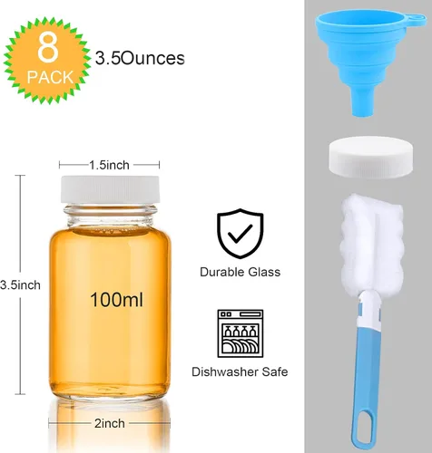 Vista 2 de Botellas de vidrio para zumo con tapas, paquete de 8 botellas pequeñas transparentes de 3.5 onzas, a prueba de fugas, recipientes de jugo