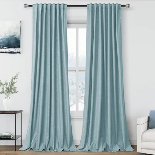 Vista 24 de Cortinas de lino verde aguamarina de 102 pulgadas de largo con pestaña trasera, bolsillo para barra, cortinas de lino opacas que absorben el sonido