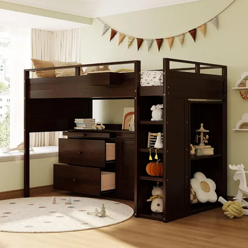 Vista 3 de RUNNA Cama tipo loft moderna de madera con armario y escritorio Cama loft espresso+Gabinete +Escritorio