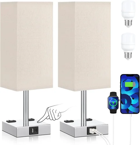 Vista 10 de aooshine - Juego de 2 lámparas de mesita de noche con control táctil con puertos de carga USB-C+A y salidas de AC, lámpara de mesita de noche