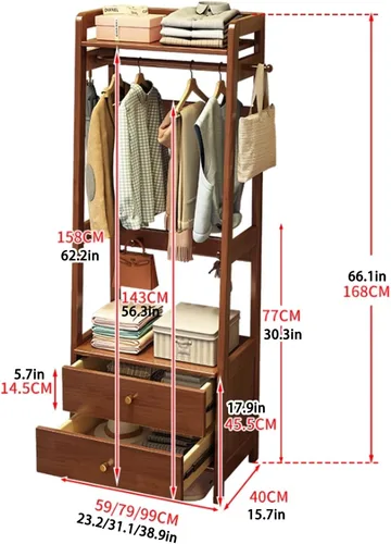 Vista 2 de Solid Wood Clothes Rack, Freestanding Clothing Rack, 5-in-1 Design Garment Rack, Large Capacity Coat Rack with Hooks and Storage Cabinet, Hall Tree