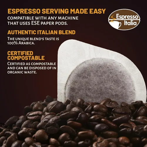Vista 4 de Espresso Italia ESE Cialde Pods - 50 cápsulas compostables INTENSO AROMATICO Café italiano. Tostado oscuro