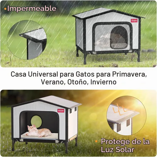 Vista 4 de Casa para gatos climatizada al aire libre con almohadilla térmica y puerta de escape, impermeable y cálida, apta para interiores, exteriores