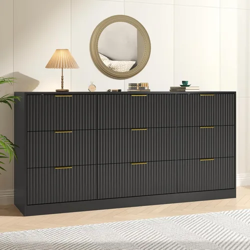Vista 9 de Cómoda negra con 6 cajones profundos, cómoda acanalada de 55" de ancho para dormitorio con tirador dorado, cómoda moderna para armario, dormitorio