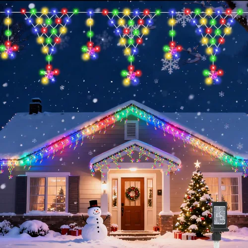 Vista 10 de luces de Navidad, 218 LED, 13.8 pies de luces de cortina de Navidad, decoraciones para balcones al aire libre con 12 gotas de estrellas
