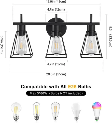 Vista 2 de FonmYim Accesorios de iluminación de baño de granja sobre espejo, aplique de pared de 3 luces negro mate con jaula de metal, zócalo E26