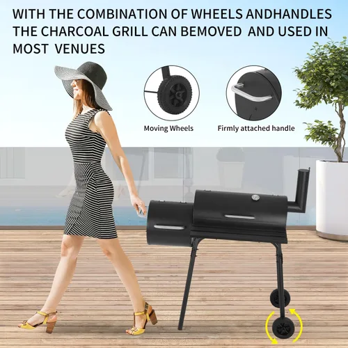 Vista 5 de Parrillas de carbón para exteriores, parrilla portátil para barbacoa con ruedas y cubierta, parrilla de cocina resistente con caja de fuego lateral