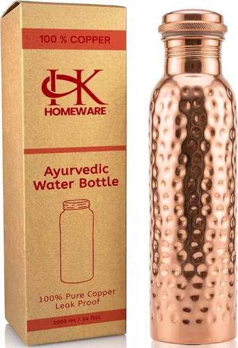 Pure Copper Water Bottle 34 oz 1 Liter Leak Proof Hammered Design Drinking Bottle for Home Office Gym Travel Reusable Ayurvedic Storage Easy Carry
