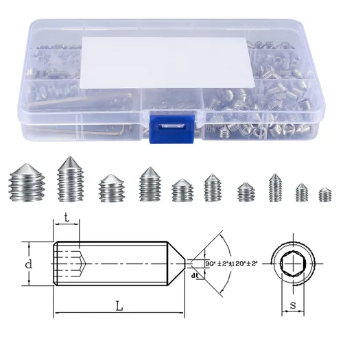 Vista 2 de 400 piezas Juego de tornillos surtido, tornillos hexagonales Allen con cabeza hexagonal y punta en taza, tornillos hexagonales internos métricos