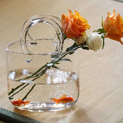 Vista 3 de Jarrón decorativo para flores, florero decorativo de vidrio transparente, cuenco de pescado con burbujas, florero transparente con forma de bolso
