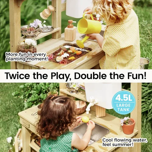 Vista 4 de Tiny Land Cocina de barro al aire libre para niños, cocina de madera con tanque de agua, juego de agua y cocina, diversión sensorial, resistente a