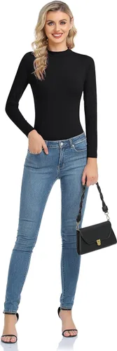 Vista 5 de Camiseta térmica básica de manga larga para mujer, ligera, con cuello alto falso, ajustada, capa suave