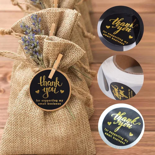 Vista 4 de Juego de 620 piezas de tarjetas de negocio y calcomanías de agradecimiento – lámina dorada, 100 tarjetas, 500 calcomanías, 20 bolsas resellables