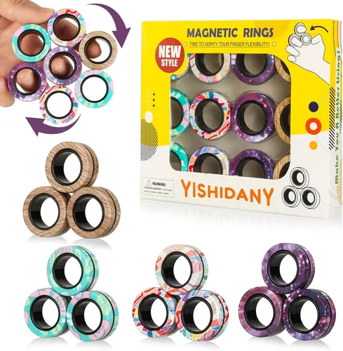 Vista 8 de 12Pcs Magnetic Rings Fidget Toys Pack, Magnets Finger Spinner for ADHD Stress Relief, Tire Style Magical Fidget Rings for Training Relieves Autism