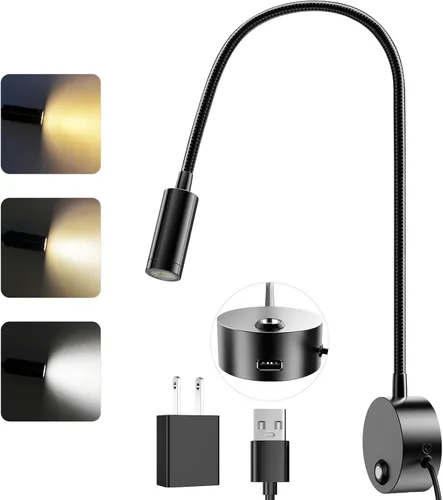 Vista 11 de ERAY Luz LED de lectura montada en la pared, luces de lectura de cabecera para cama con control táctil, 3 regulables, 360°, cuello de cisne flexible