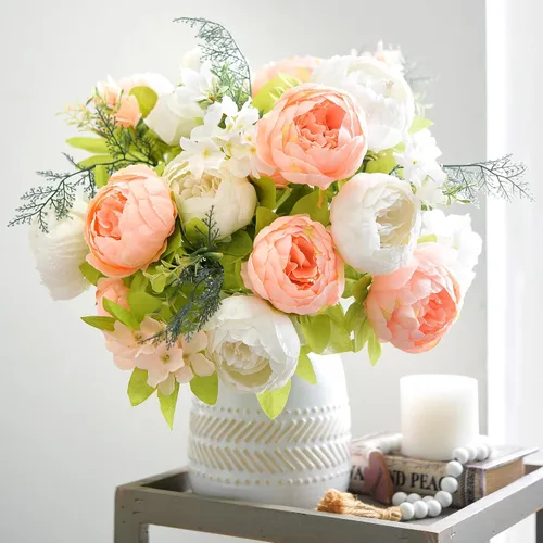 Vista 2 de Ramo de peonías artificiales – Juego de 2 tallos de flores de seda sintética – Ramos listos para el estilo para bodas, decoración del hogar, eventos