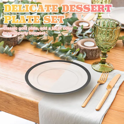 Vista 3 de Tanlade 100 platos de plástico negro transparente a granel de 7.5 pulgadas desechables de alta resistencia con borde rojo redondo ensalada postre