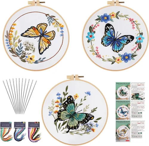 GLTAYLMY 3 Juegos de Kit de Inicio de Bordado de Mariposa para Principiantes Kits de Punto de Cruz con Estampado de Flores con Instrucciones para