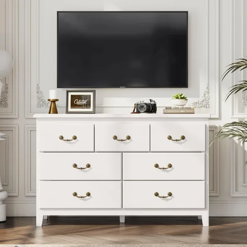 Vista 11 de Cómoda blanca para dormitorio, cómoda de granja para dormitorio, cómoda ancha de almacenamiento para sala de estar, pasillo, entrada