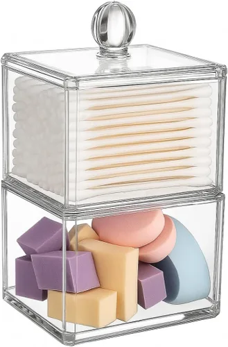 Vista 5 de Soporte cuadrado apilable de bolas de algodón acrílico, soporte para Q-tip Dispensador de hisopos de baño (paquete de 3)