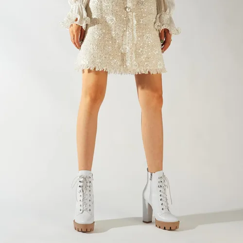 Vista 7 de Botines de plataforma para mujer, de tacón grueso, suela de lengüeta, botas de combate con cordones y tacón alto