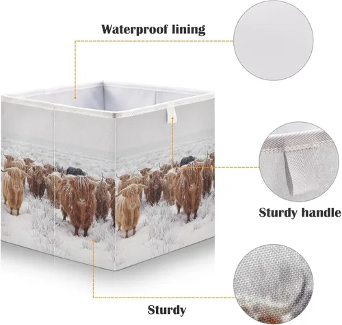 Vista 4 de linqin Cesta de almacenamiento rectangular con estampado de vaca escocesa, contenedores de almacenamiento plegables abiertos, organizador