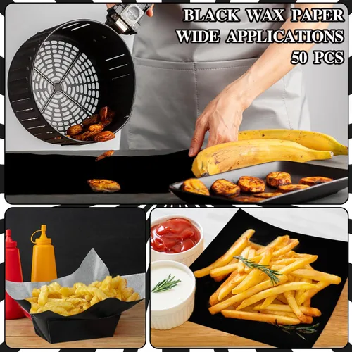 Vista 5 de Geosar 100 piezas de bandejas de papel negro para alimentos al por mayor desechables con envoltorio de papel encerado negro Bandejas para servir