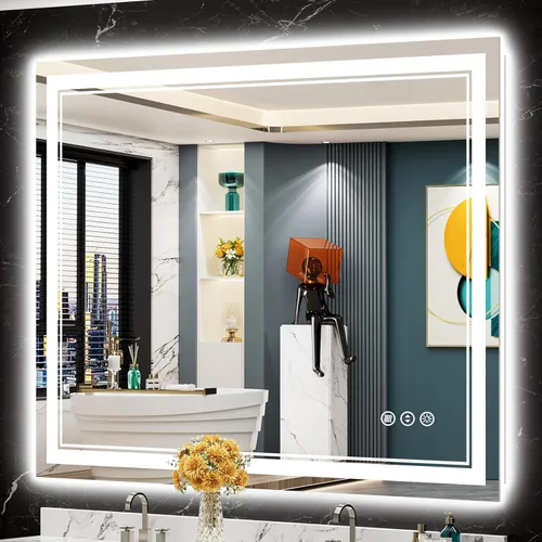 Vista 61 de Espejo de baño LED de 48 x 30 pulgadas con luces, retroiluminado + frontal iluminado, espejo de tocador con luz antiniebla para pared de baño con 3