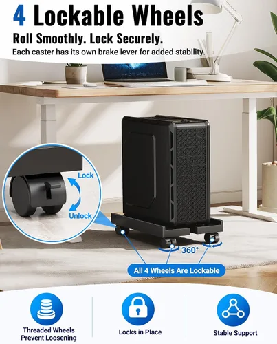 Vista 9 de Soporte de CPU móvil ajustable, Soporte de torre de computadora ventilado con 4 ruedas con rodamientos se adapta a la mayoría de torres de PC Grande