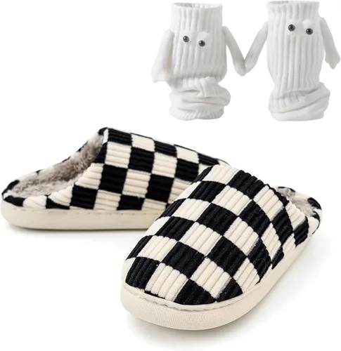 Vista 2 de Pantuflas de casa para mujer y hombre, pantuflas peludas para mujer, pantuflas de espuma viscoelástica a cuadros para mujer, pantuflas