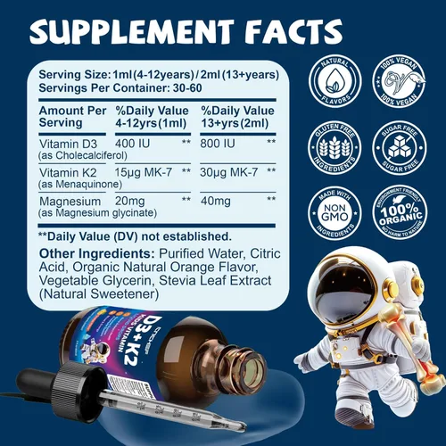 Vista 7 de Gotas de vitamina D3 K2 para niños, suplemento líquido con magnesio para absorción de calcio, salud de las articulaciones, dientes y corazón, sin