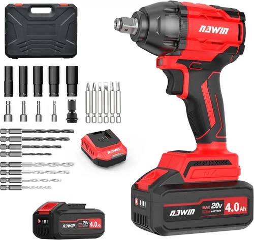 NAWIN Llave de impacto inalámbrica, 258 pies-libras y 350 Nm, juego de enchufes de impacto de potencia de 1/2 pulgada, ajuste de múltiples
