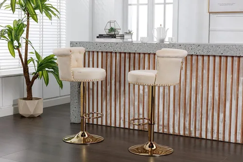 Vista 5 de Juego de 2 taburetes de bar giratorios de terciopelo de 360°, butacas ajustables para barra de cocina con respaldo de clavos, base dorada