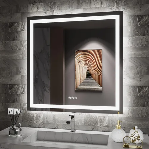 Vista 12 de Amorho Espejo de baño LED de 40 x 36 pulgadas con marco negro, luz frontal y retroiluminación (controlado por separado), regulable continuo