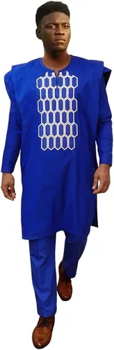 Vista 10 de HD African Bazin Pareja Ropa Tradicional Bordado Agbada Boubou Caftan Set para Hombre Blanco-9939