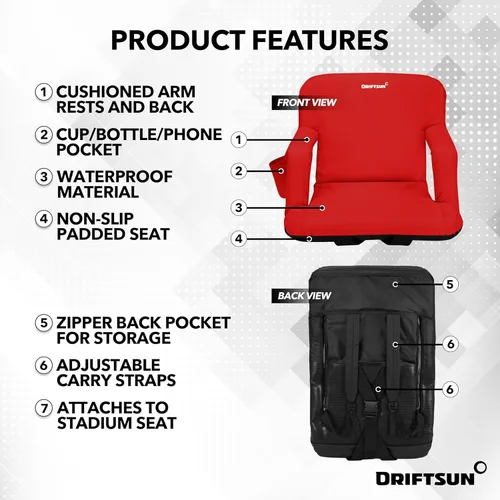 Vista 4 de Driftsun Asientos de estadio extra anchos con respaldo – Sillas plegables de lujo para gradas – Silla deportiva plegable impermeable – Fácil