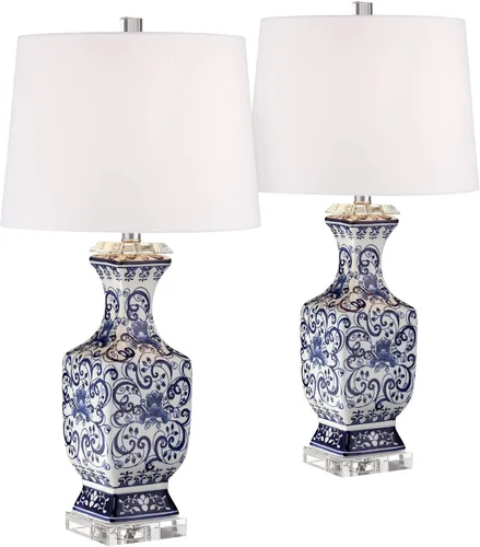 Barnes and Ivy Iris - Juego de 2 lámparas de mesa asiáticas chinas estilo tarro de 28 pulgadas de alto, cristal de porcelana azul, Ginebra de tela
