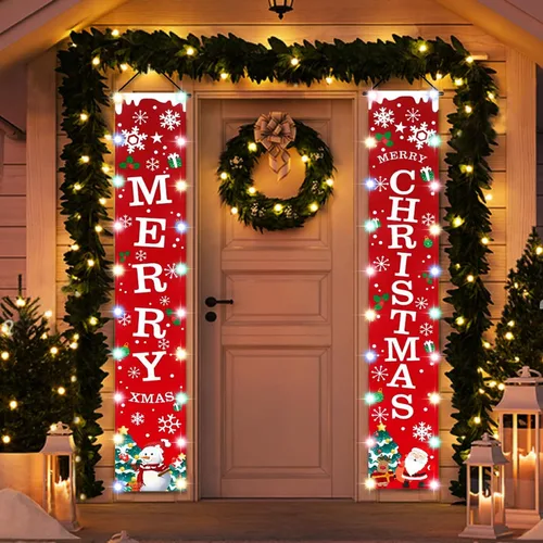 Idefair - Banderines de Navidad con luces de cadena LED, decoración de puerta de Navidad para interiores y exteriores, nuevo año, letrero rojo de
